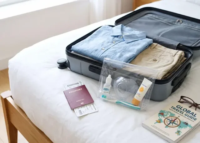 Eye drops and an eye shield packed for a trip after cataract surgery