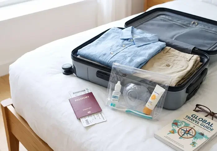 Eye drops and an eye shield packed for a trip after cataract surgery