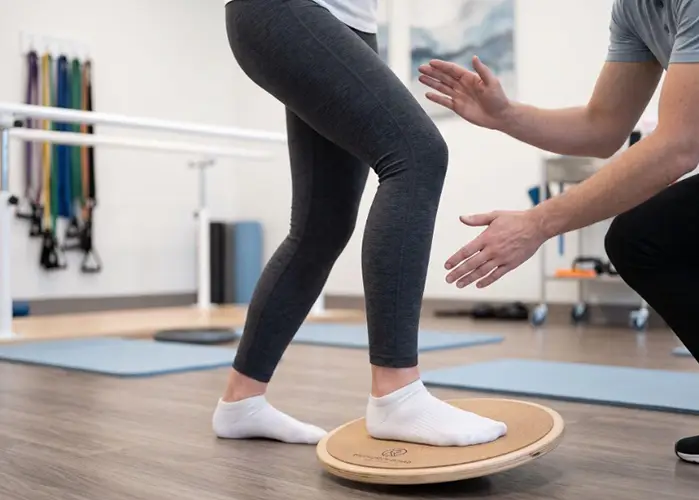 Physiotherapist guiding a balance board exercise to rebuild knee stability