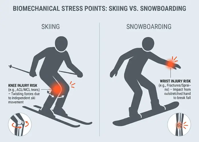 Infographic of knee injuries in skiing and wrist injuries in snowboarding