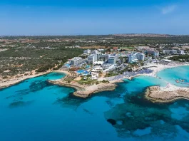 Aerial view of ayia napa coastline with nissi beach and resorts