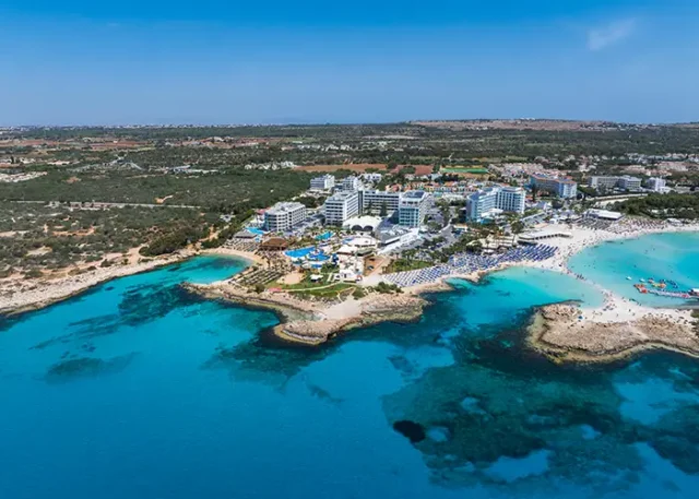Aerial view of ayia napa coastline with nissi beach and resorts