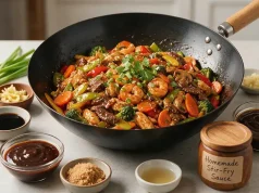 Better Than Takeout: Easy Homemade Stir-Fry Sauces for Family Meals Homemade shrimp and beef stir-fry with broccoli, carrots, mushrooms, bell peppers, and savory stir-fry sauce served in a wok with fresh ingredients and seasonings.