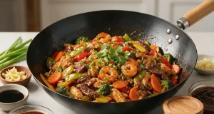 Better Than Takeout: Easy Homemade Stir-Fry Sauces for Family Meals Homemade shrimp and beef stir-fry with broccoli, carrots, mushrooms, bell peppers, and savory stir-fry sauce served in a wok with fresh ingredients and seasonings.