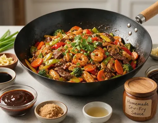 Better Than Takeout: Easy Homemade Stir-Fry Sauces for Family Meals Homemade shrimp and beef stir-fry with broccoli, carrots, mushrooms, bell peppers, and savory stir-fry sauce served in a wok with fresh ingredients and seasonings.