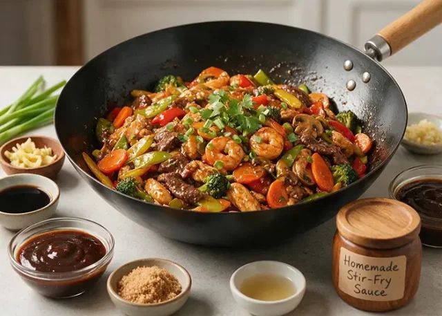 stir fry sauce Homemade shrimp and beef stir-fry with broccoli, carrots, mushrooms, bell peppers, and savory stir-fry sauce served in a wok with fresh ingredients and seasonings.