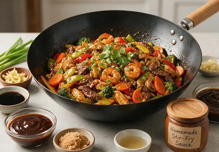 Homemade shrimp and beef stir-fry with broccoli, carrots, mushrooms, bell peppers, and savory stir-fry sauce served in a wok with fresh ingredients and seasonings.