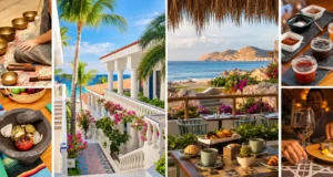 Mar del Cabo’s New Workshops Explore Mexico Through Food, Flavor and Tradition Mar del Cabo collage featuring oceanfront dining, white hotel architecture, Mexican cooking ingredients, salsa tastings and sound-healing bowls.