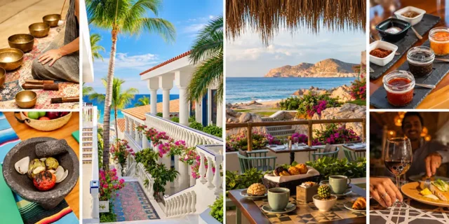 Mar del Cabo collage featuring oceanfront dining, white hotel architecture, Mexican cooking ingredients, salsa tastings and sound-healing bowls.