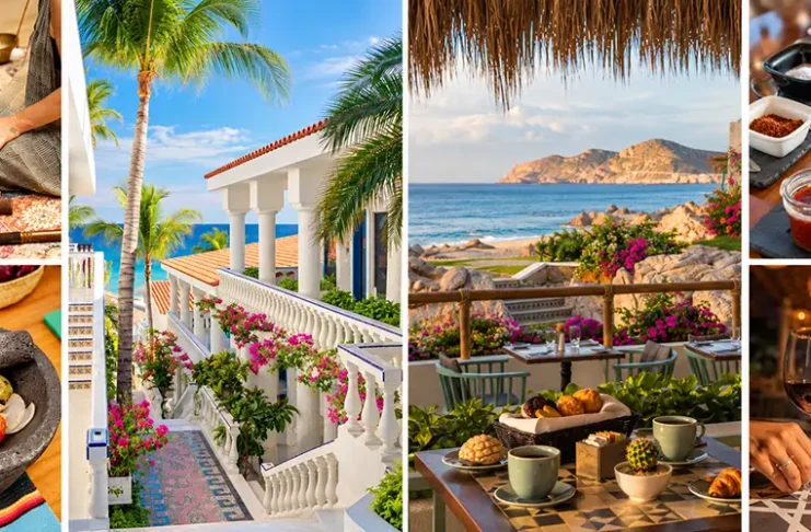 Mar del Cabo collage featuring oceanfront dining, white hotel architecture, Mexican cooking ingredients, salsa tastings and sound-healing bowls.