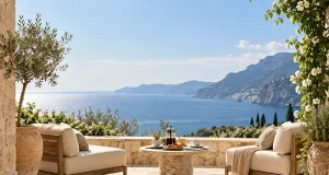 The Enduring Appeal of Elegant Travel Sunlit luxury terrace with cream seating and coffee for two overlooking the Mediterranean Sea
