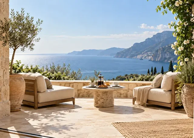 Sunlit luxury terrace with cream seating and coffee for two overlooking the Mediterranean Sea