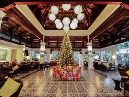 Christmas tree decorated in the elegant lobby of The Anam Cam Ranh luxury beachfront resort in Vietnam.