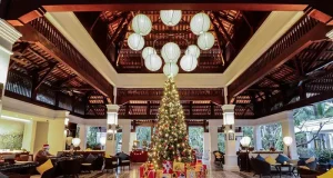 The Anam Celebrates Christmas and New Year on Vietnam’s Beautiful Beaches Christmas tree decorated in the elegant lobby of The Anam Cam Ranh luxury beachfront resort in Vietnam.