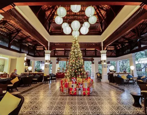 The Anam Celebrates Christmas and New Year on Vietnam’s Beautiful Beaches Christmas tree decorated in the elegant lobby of The Anam Cam Ranh luxury beachfront resort in Vietnam.