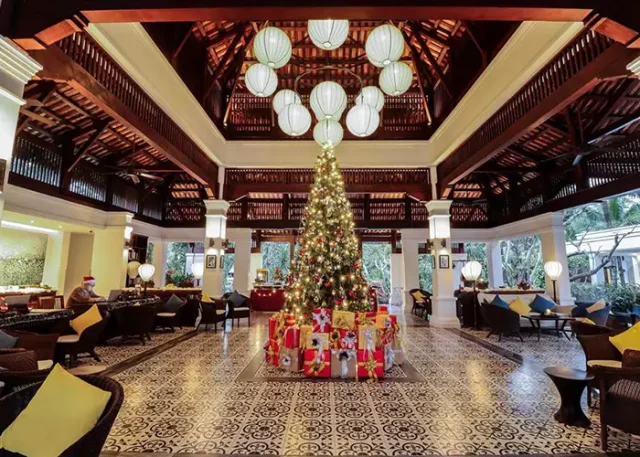 Christmas tree decorated in the elegant lobby of The Anam Cam Ranh luxury beachfront resort in Vietnam.