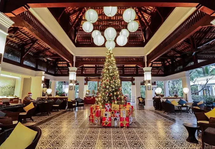 Christmas tree decorated in the elegant lobby of The Anam Cam Ranh luxury beachfront resort in Vietnam.