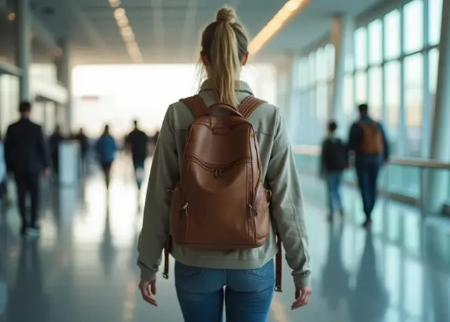 young woman walking though an airport with a vegan