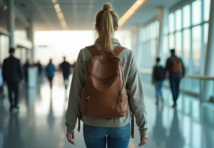 young woman walking though an airport with a vegan