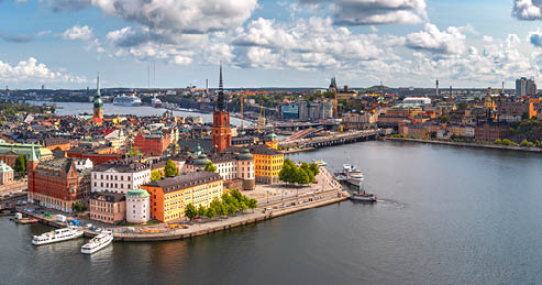Scenic summer aerial panoramic view of Gamla Stan in the Old Town in Stockholm, capital of Sweden
