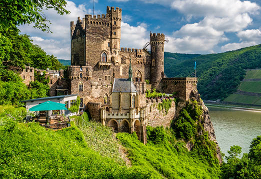 Rheinstein Castle at Rhine Valley (Rhine Gorge) in Germany  Built in 1316 and rebuilt in 1825-1844  