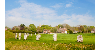 The Neolithic stone circle and henge at Avebury in Wiltshire, England, with the village which lies mainly within the monument  The area is part of a UNESCO World Heritage Site containing a number of major prehistoric monuments in the south of England 