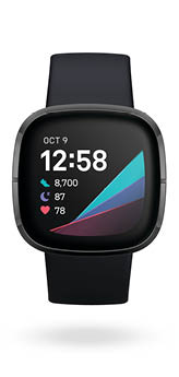Product render of Fitbit Sense, front view, in Carbon and Graphite stainless steel 