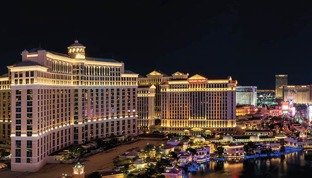 LAS VEGAS, USA - CIRCA JANUARY 2021 : Panorama wide angle view of the Las Vegas Strip and city skyline at night, Nevada, USA