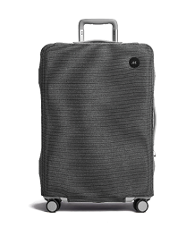 A gray suitcase with a black tag. Description generated by AI