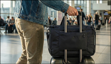 A man is walking with a suitcase. Description generated by AI