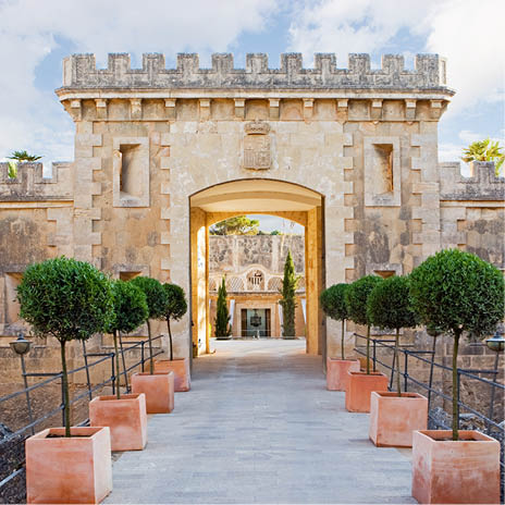 A large stone building with a large archway and a green plant in front of it. Description generated by AI