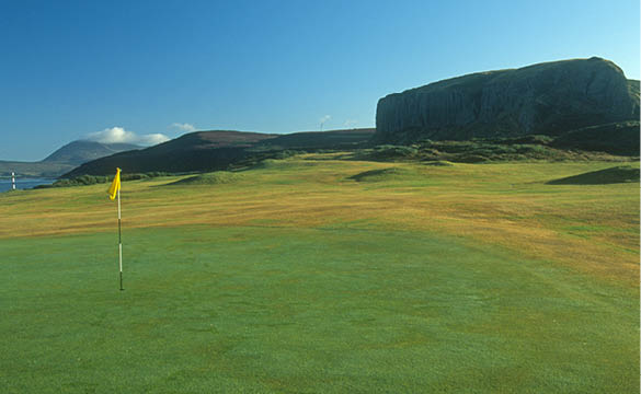 A green golf course with a yellow flag. Description generated by AI