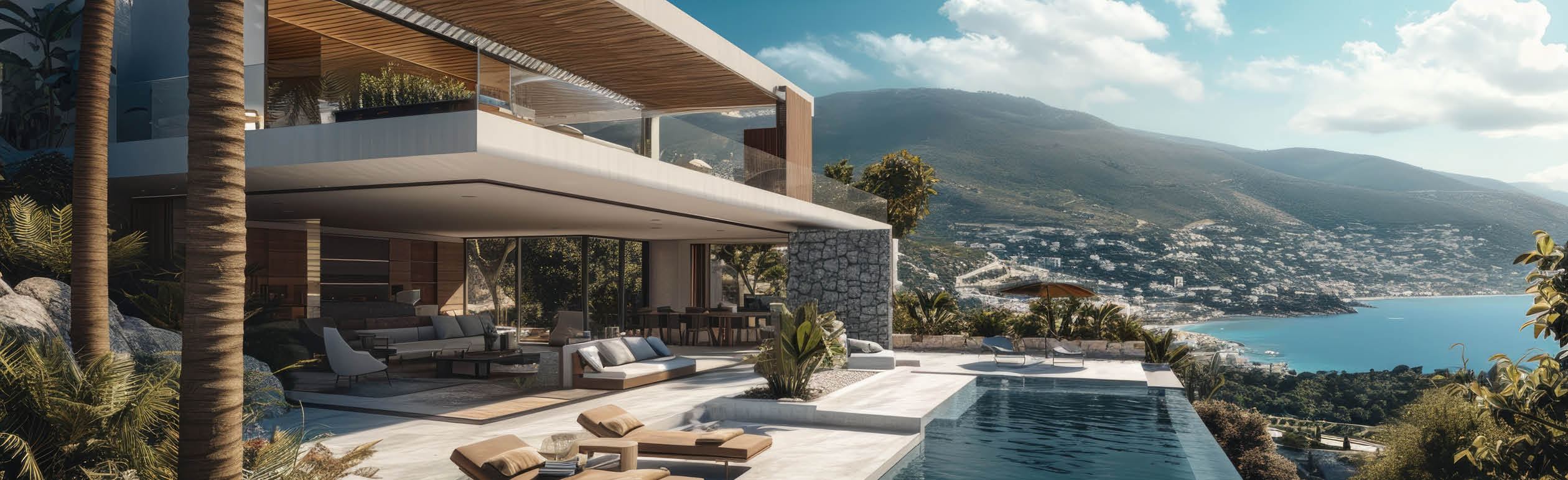 Under construction villa in mountains, near coastline, with luxury facilities and design.