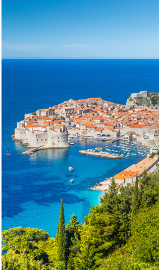 Panoramic aerial view of the historic town of Dubrovnik, one of the most famous tourist destinations in the Mediterranean Sea, from Srt mountain on a beautiful sunny day in summer, Dalmatia, Croatia