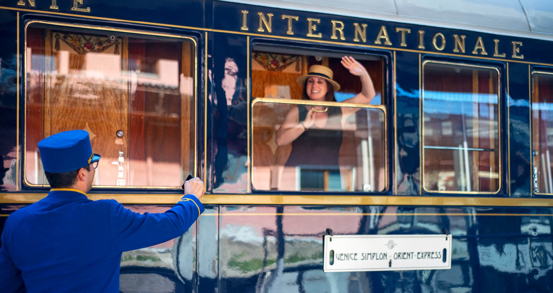 Passengers of Belmond Venice Simplon Orient Express luxury train stoped at Innsbruck Hauptbahnhof train station railway station the central railway station in Innsbruck Austria.   An icon of art deco design. Rekindle the romance of the rails as you travel between Europe’s most captivating cities. The Venice Simplon-Orient-Express, or VSOE, is a private luxury train service from London to Venice and other European cities. It is currently owned by Belmond, which operates 45 luxury hotels, restaurants, tourist trains and river cruises in 24 countries. It was agreed in December 2018 for the service to be acquired by LVMH