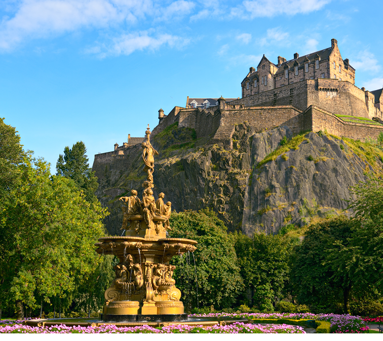 Edinburgh Castle, Scotland, from Princes Street Gardens, with the Ross Fountain in the foreground