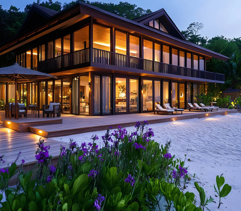 Modern villa with illuminated windows standing on a white sand beach in a tropical island during blue hour