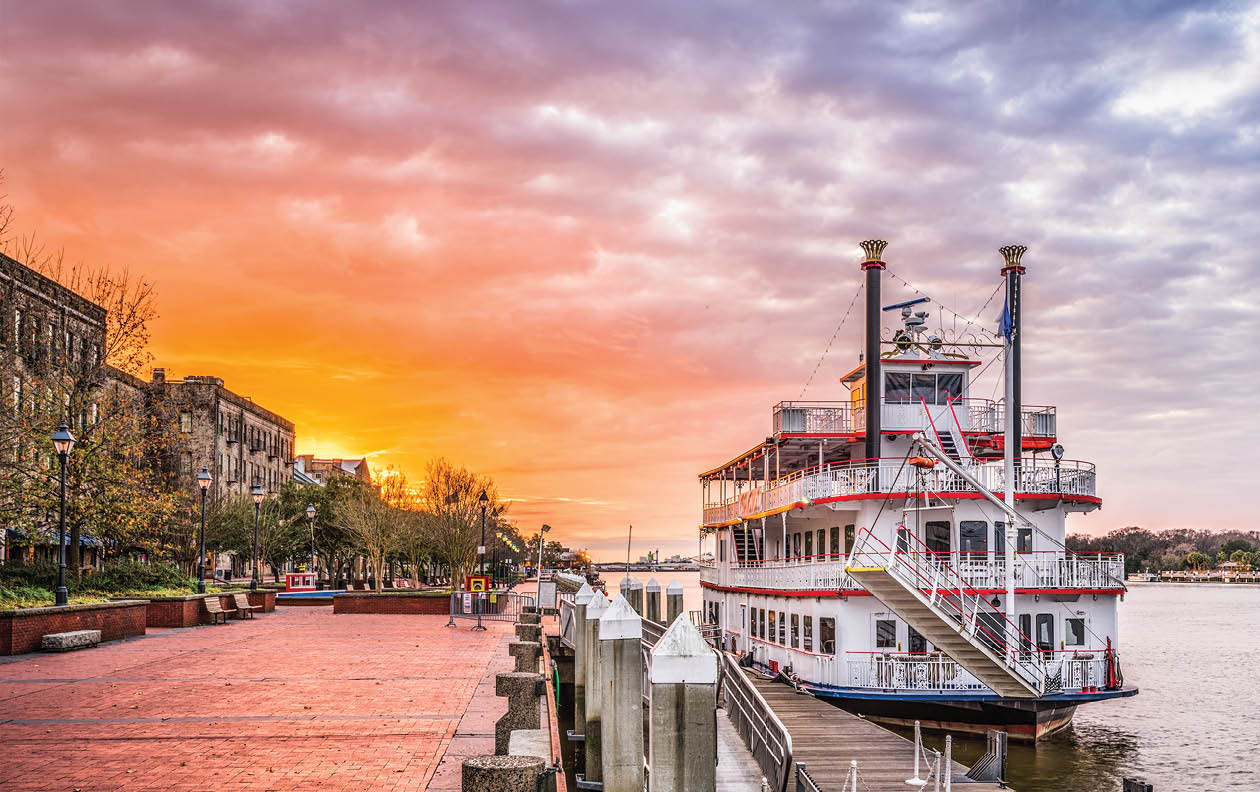 Savannah, Georgia, USA riverfront promenade at sunrise 