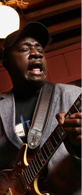 Blues artist Dexter Allen and bassist Jonah Nelson perform during the Blue Monday Blues Jam at Hal and Mal's club in Jackson, MS  
