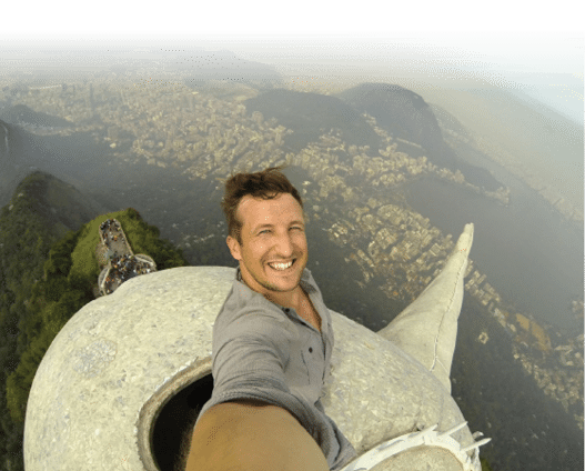Co-founder of The Flash Pack Lee Thompson takes the first ever selfie from the very top of Christ The Redeemer statue in Rio De Janeiro ahead of the World Cup    Picture credit: The Flash Pack www theflashpack co uk  - please link online