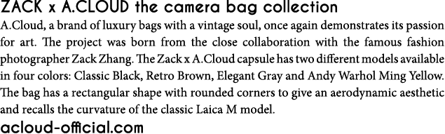 ZACK x A CLOUD the camera bag collection A Cloud, a brand of luxury bags with a vintage soul, once again demonstrates   