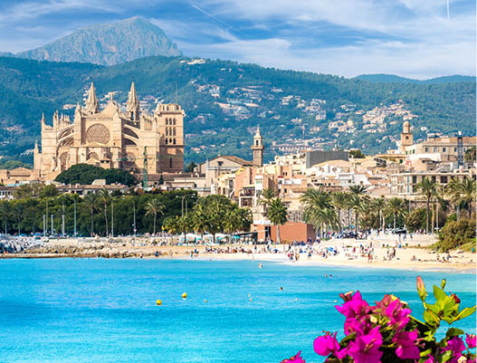 Landscape with beach and Palma de Mallorca town, Spain