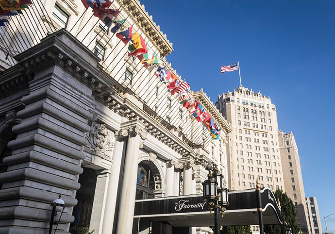 San Francisco, USA - June 29, 2017: An exterior view of the luxury Fairmont hotel on Nob Hill in San Francisco  The building is a city famous landmark 