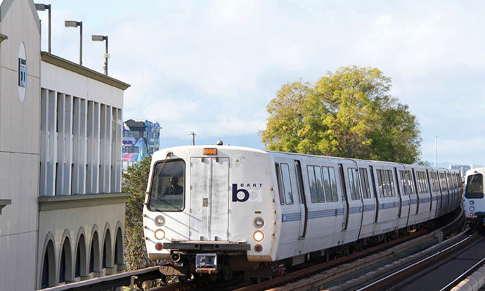 Fruitvale, CA - Jan 13, 2020: The San Francisco Bay Area Rapid Transit train, referred to as BART, carries commuters to their destinations in San Francisco, the East Bay and San Mateo County 