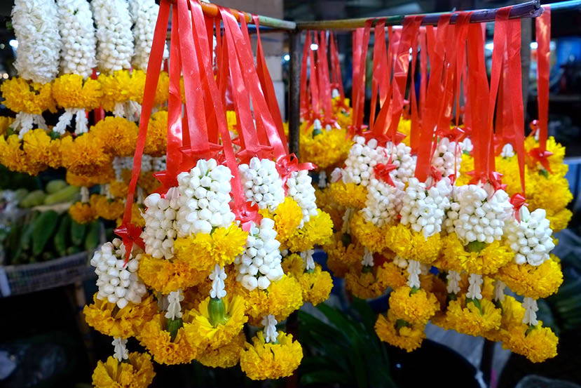 White and yellow flowers garlands in Thailand market 