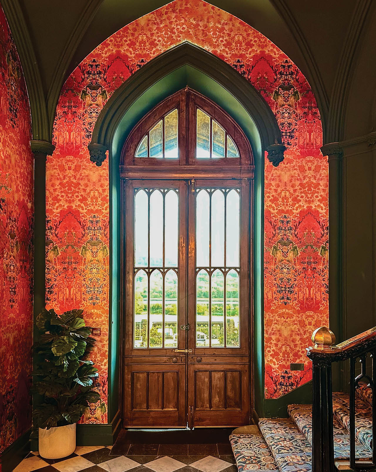 A doorway with a stained glass window and a wooden door. AI generated content