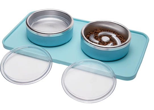 A blue tray with a bowl of food and a bowl of water. AI generated content