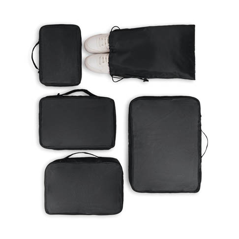 A collection of black and white bags and a pair of shoes are arranged in a square formation. AI generated content