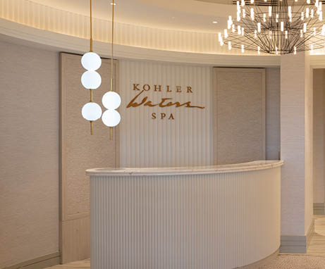A spa with a counter and a chandelier above it. AI generated content