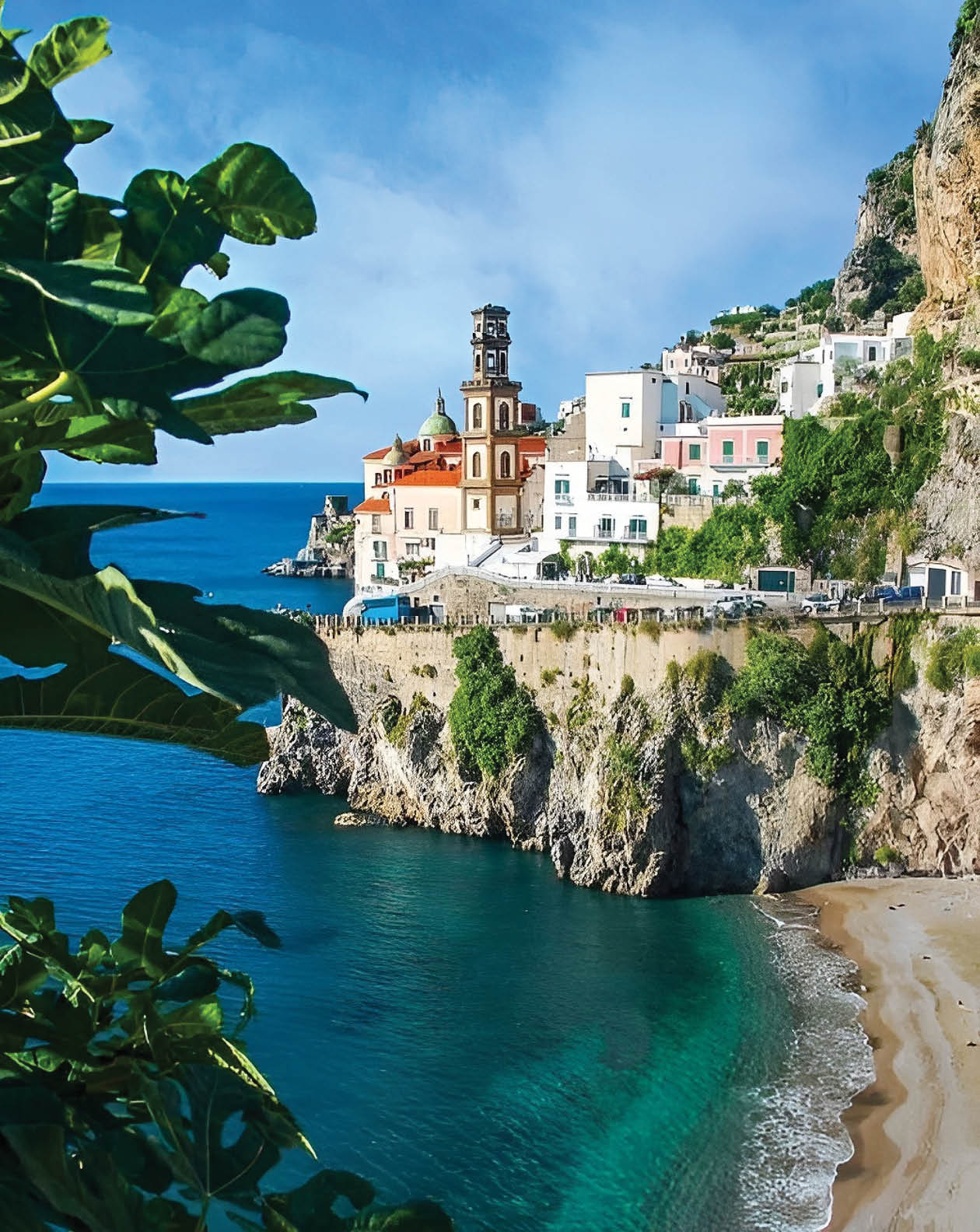 A beautiful view of a beach with a rocky cliff and a small village in the background. AI generated content